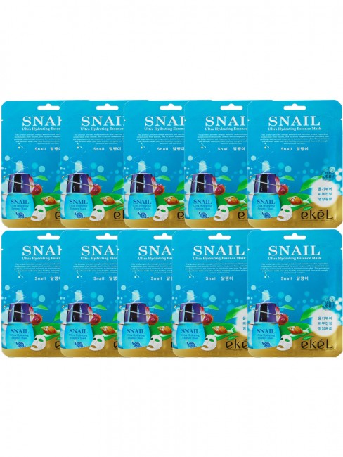 Ekel Комплект тканевых масок с муцином улитки Snail Ultra Hydrating Essence Mask, 10*25 мл Ekel Комплект тканевых масок с муцином улитки Snail Ultra Hydrating Essence Mask, 10*25 мл