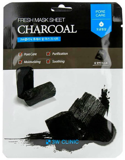 3W Clinic Fresh charcoal Mask Sheet Тканевая маска для лица с древесным углем, 23 мл