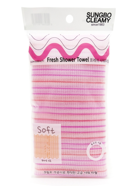 Sungbo Cleamy Мочалка для тела с плетением «Волна» полосатая мягкая Розовая Fresh Shower Towel 28х100 см, 1 шт
