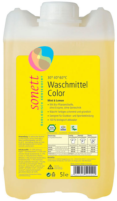 Sonett Средство жидкое для стирки цветных тканей экологические чистое органическое Мята и Лимон, 5 л