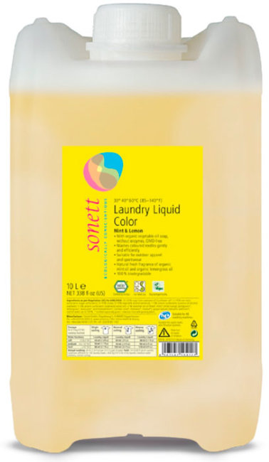 Sonett Средство жидкое для стирки цветных тканей экологические чистое органическое Мята и Лимон, 10 л