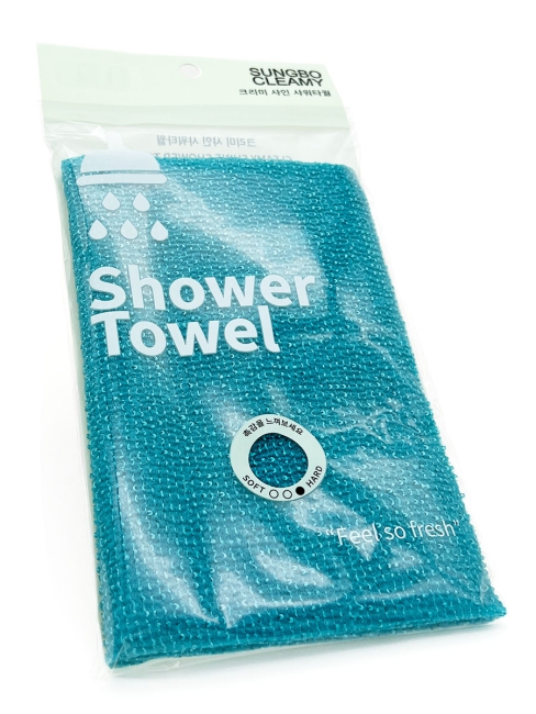 Sungbo Cleamy Мочалка для тела с плетением «Гофре» жёсткая бирюзовая Cleamy Shine Shower Towel 20х95 см, 1 шт