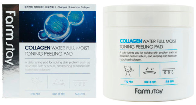 Farmstay Collagen Water Full Moist Toning Peeling Pad Отшелушивающие очищающие подушечки с коллагеном, 70 шт